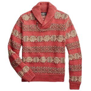 RRL Ralph Lauren Red Intarsia Knit Linen 1930's Blanket Shawl Collar Sweater M